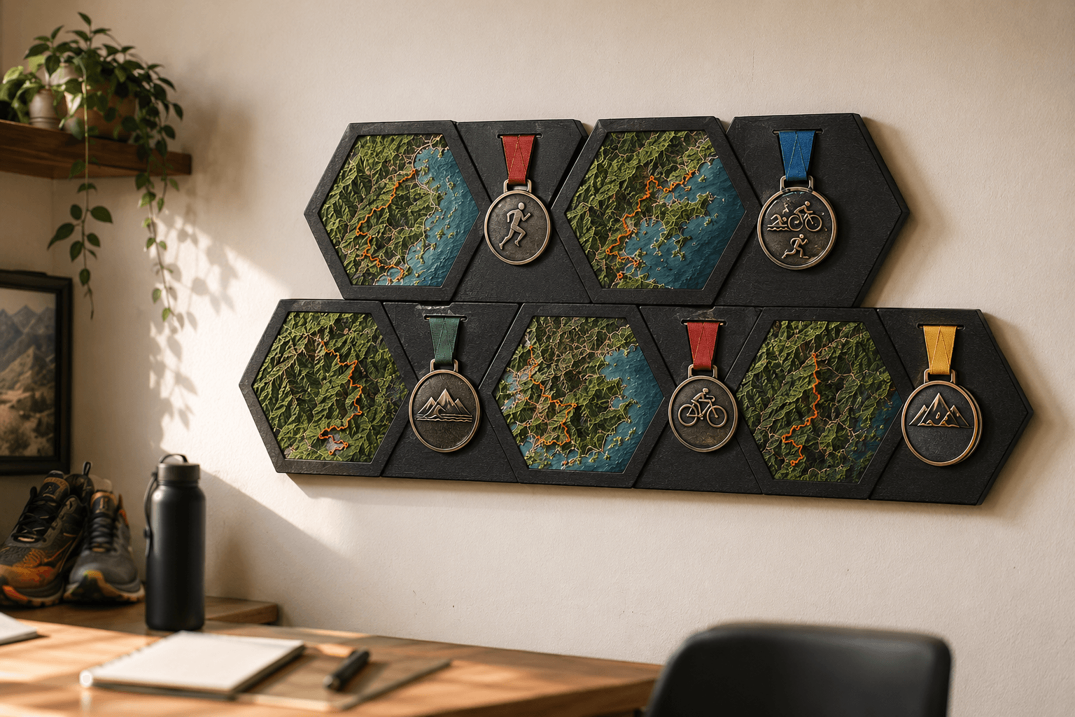Colmeia de peças em alto relevo na parede de casa, com medalhas